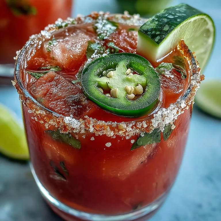 Zesty watermelon jalapeño margarita mocktail garnished with lime and chili-salt rim, served over ice for a cool treat.