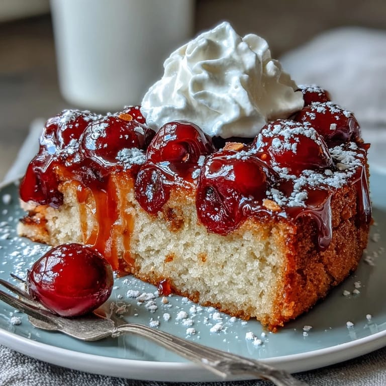 Moist and buttery cherry almond cake crowned with glossy caramelized cherries and a tender crumb.