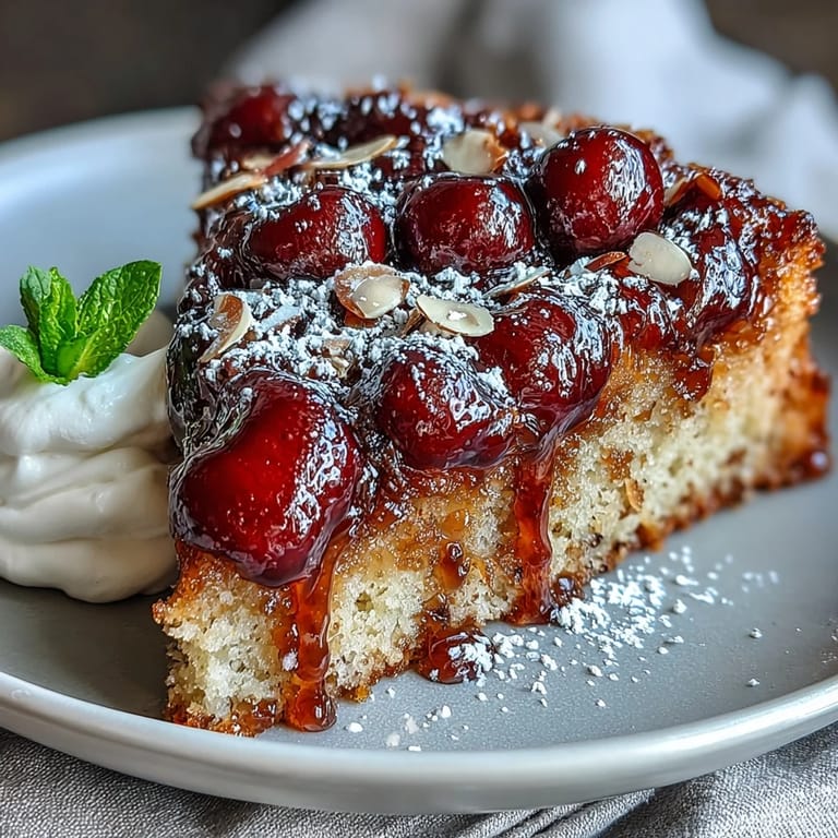 Rich, fragrant cherry almond upside-down cake with sweet fruit topping, ideal for special occasions.