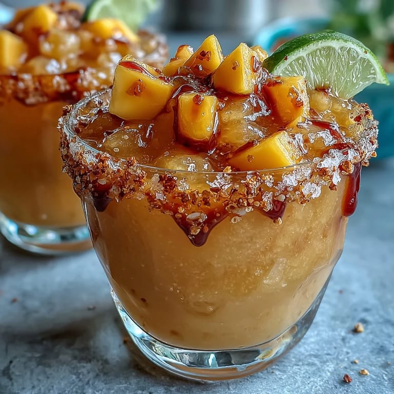 A colorful Mexican chamoyada mocktail with frozen mango slush, lime, and chili-lime rim, garnished with tamarind candy.