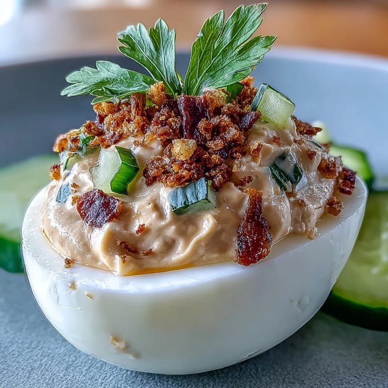 Spicy Thai Peanut Deviled Eggs with a refreshing cucumber relish and crunchy peanuts, perfect for parties or as a flavorful snack.