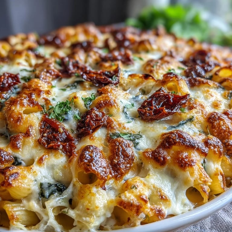 Sun-dried tomato and spinach pasta bake topped with melted mozzarella and Parmesan, served hot from the oven.