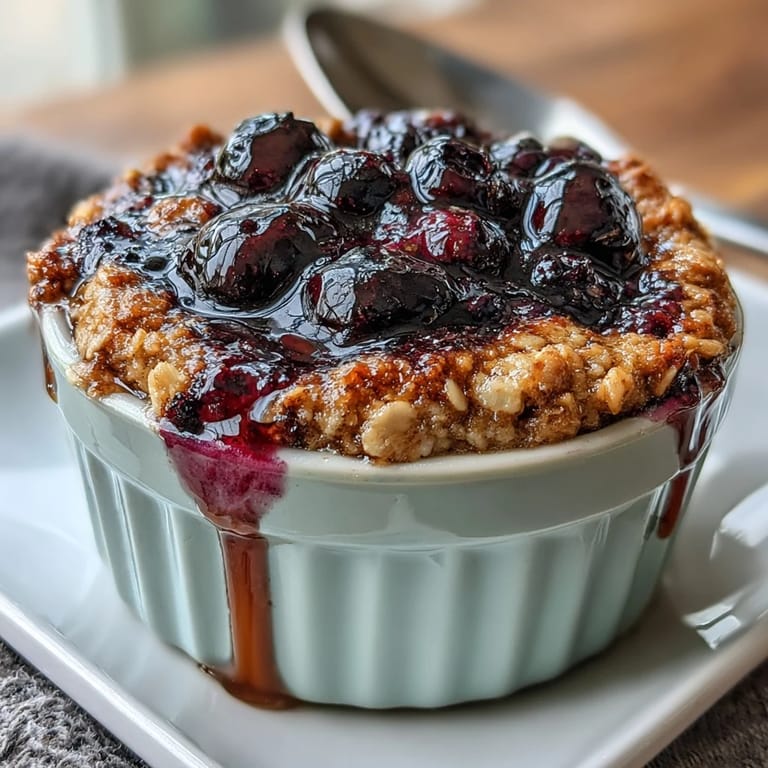 Warm, single-serve baked oats with fresh blueberries, maple sweetness, and a soft, comforting texture in a rustic ramekin.