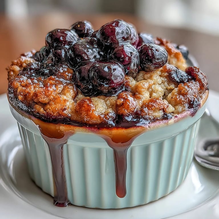 Hearty blueberry baked oatmeal, naturally sweetened with banana and maple, golden on top and bubbling with fruit.
