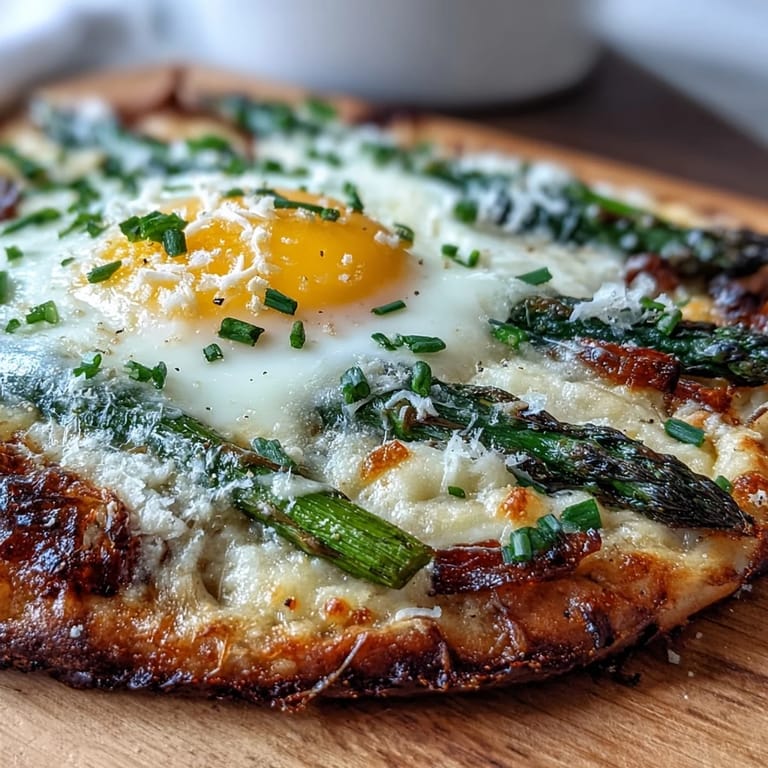 A thin, crispy flatbread layered with asparagus, a soft-baked egg, and parmesan, garnished with chives for a light and flavorful dish.