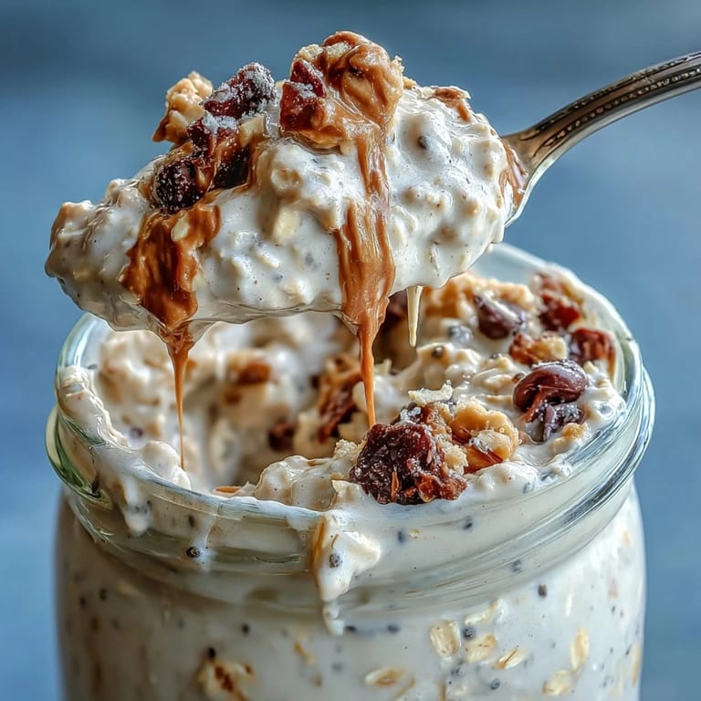 Hearty, delicious Protein Cookie Dough Overnight Oats topped with nuts and seeds.