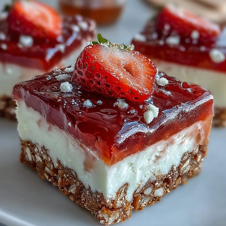 Vibrant strawberry pretzel salad bars showing sweet-salty layers.
