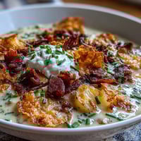 Creamy loaded baked potato soup with funeral potatoes, topped with crispy potato chips and melted cheddar cheese.