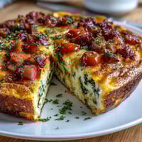 Fluffy ham and cheese frittata baked to golden perfection with spinach and tomatoes.