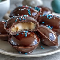 Homemade peanut butter Easter eggs dipped in smooth chocolate, decorated with colorful sprinkles for a festive spring treat.