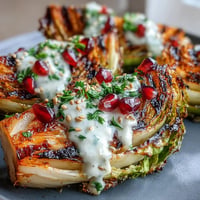 Smoky grilled cabbage wedges drizzled with creamy tahini sauce and topped with fresh parsley and ruby-red pomegranate seeds.  