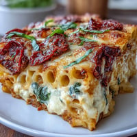 Baked penne pasta with sun-dried tomatoes, spinach, and melty mozzarella in a rich tomato sauce.  