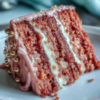 A stunning blush-pink velvet cake infused with rosé wine, layered with creamy frosting and crowned with an elegant gold drip for bridal showers.