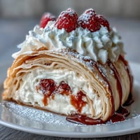 Elegant crepe roll cake with delicate layers of crepes and sweetened whipped cream, topped with fresh berries and a dusting of powdered sugar.