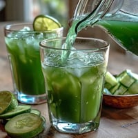 A vibrant green detox drink with fresh cucumber, mint, and lime slices in a clear glass pitcher.