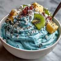 Vibrant blue spirulina smoothie bowl bursting with fresh tropical fruit toppings.